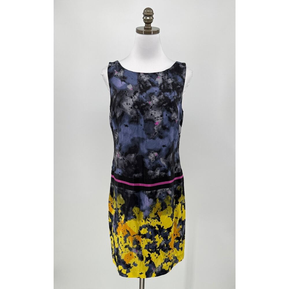 Suzi Chin Maggy Boutique Blue Abstract 100% Silk Drop Waist Sheath Dress Sz 8